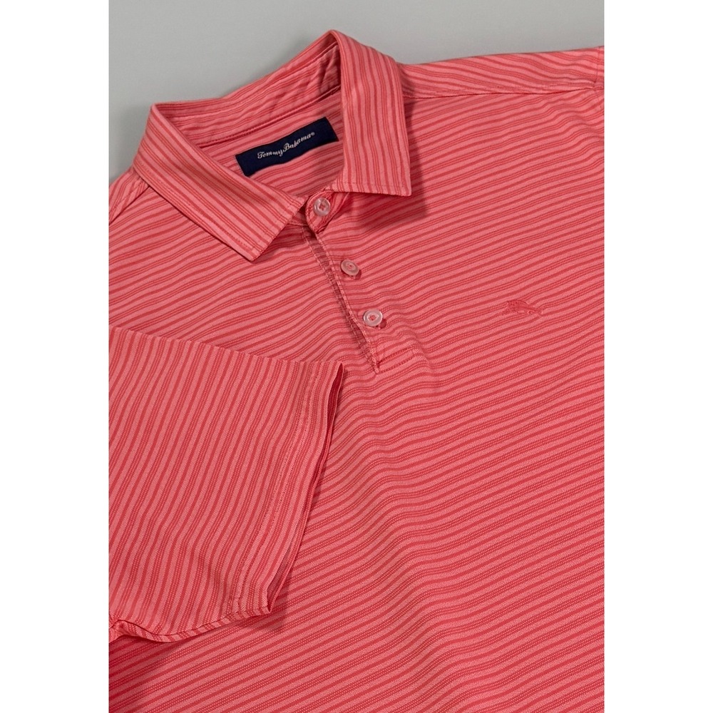 Tommy Bahama Polo Shirt XL  Striped Coral Red Performance Golf DadCore Preppy